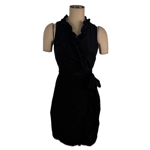 VTG Ann Taylor Loft Black Wrap Silk Cotton Blend Tie Waist Dress Size 6 LBD - Picture 3 of 7
