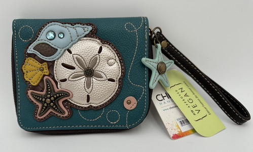 NEW CHALA SAND DOLLAR SHELL TURQUOISE BLUE ZIPPERED DUO FOLD WALLET FAUX LEATHER