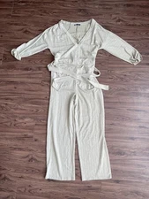 Zara Jumpsuit Womens Medium Beige Belted Wrap V Neck Stretch Wide Leg Pockets