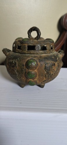 Vintage Chinese Archaic Style Censer Koro Incense Burner Taotie Green Accents