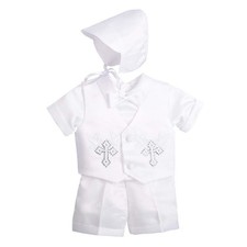 Baby Boys Christening Clothing Baptism Outfits with Bonnet Short Sleeve White...