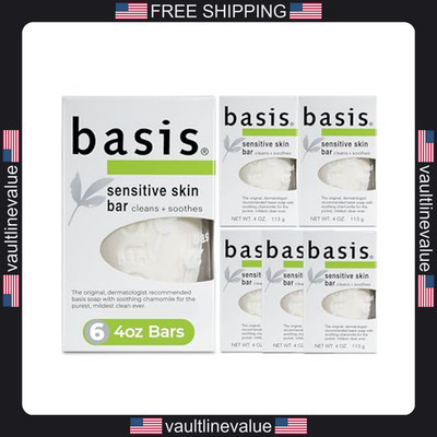 Basis Sensitive Skin Aloe Soap Unscented Body Hands Face Cleansing 4oz Bar 6 pk