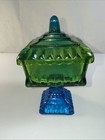 Jeannette Green Blue Flash Glass Wedding Cake Compote Candy Dish Set w/Lid 