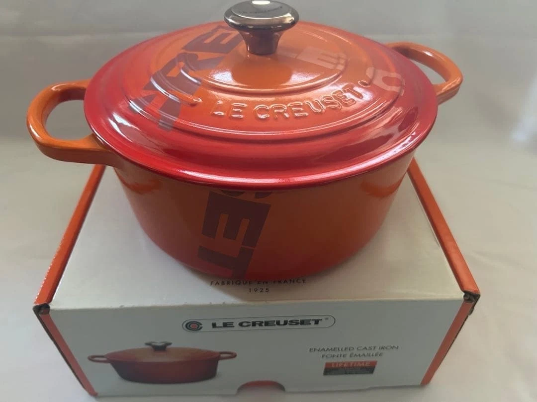 Le Creuset Cocotte Ronde Signature Big Logo 22cm 3.3L Orange Round Cast Iron New