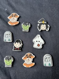 VTG PORCELAIN HALLOWEEN BUTTONS. SET OF 9,DRACULA 1” , FRANKENSTEIN 3/4”, 7 More