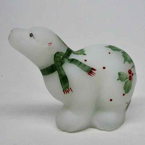 Fenton glass animal polar bear holly berries Christmas figurine figure painted