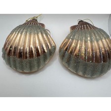 Glass Scallop Sea Shell Ornaments Champagne Gold Glitter Coastal 4.5" Set of 2