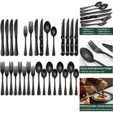 Elegant 24-Piece Stainless Steel Black Silverware Set with Steak Knives for 4