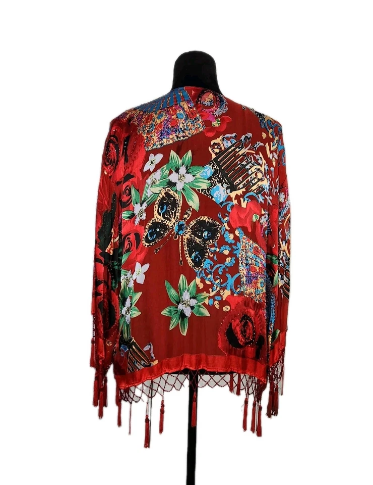 Aria A 复古串珠流苏丝绸混纺花卉和服红色多色 Gipsy Boho — 第 3/4 张图片