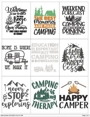 BROTHER 50+ CAMPING QUOTES COLLECTION EMBROIDERY MACHINE DESIGNS PES JEF HUS USB