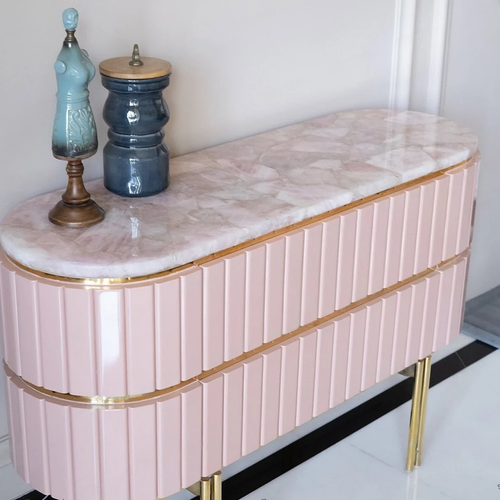 Crystal Rose Quartz Console Table, Quartz Kitchen & Vanity Countertop Decor Art - Picture 2 of 10
