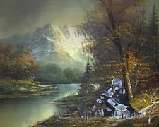 mandalorian grogu star wars art print poster upcycled thrift store painting