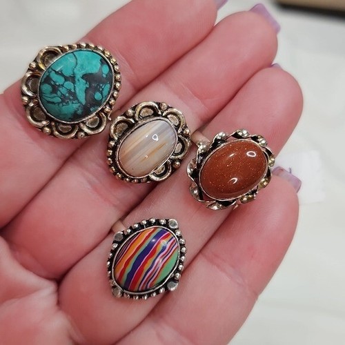 Women's Lot of 4 Stone Rings Sterling Silver Plated Rings Boho Bohemian Colorful
