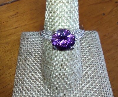 Amethyst 3 Carat With CZ Surround. Raised Gallery 925 Sterling Ring Size 9