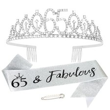 65th Birthday Sash and Crown for Women Silver 65th Birthday Tiara and Sash Se...