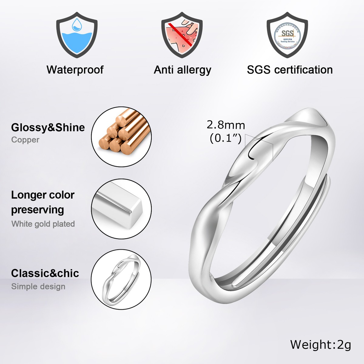 Vnox 2.8mm Mobius Ring for Men Women, Simple Twisted Metal Copper