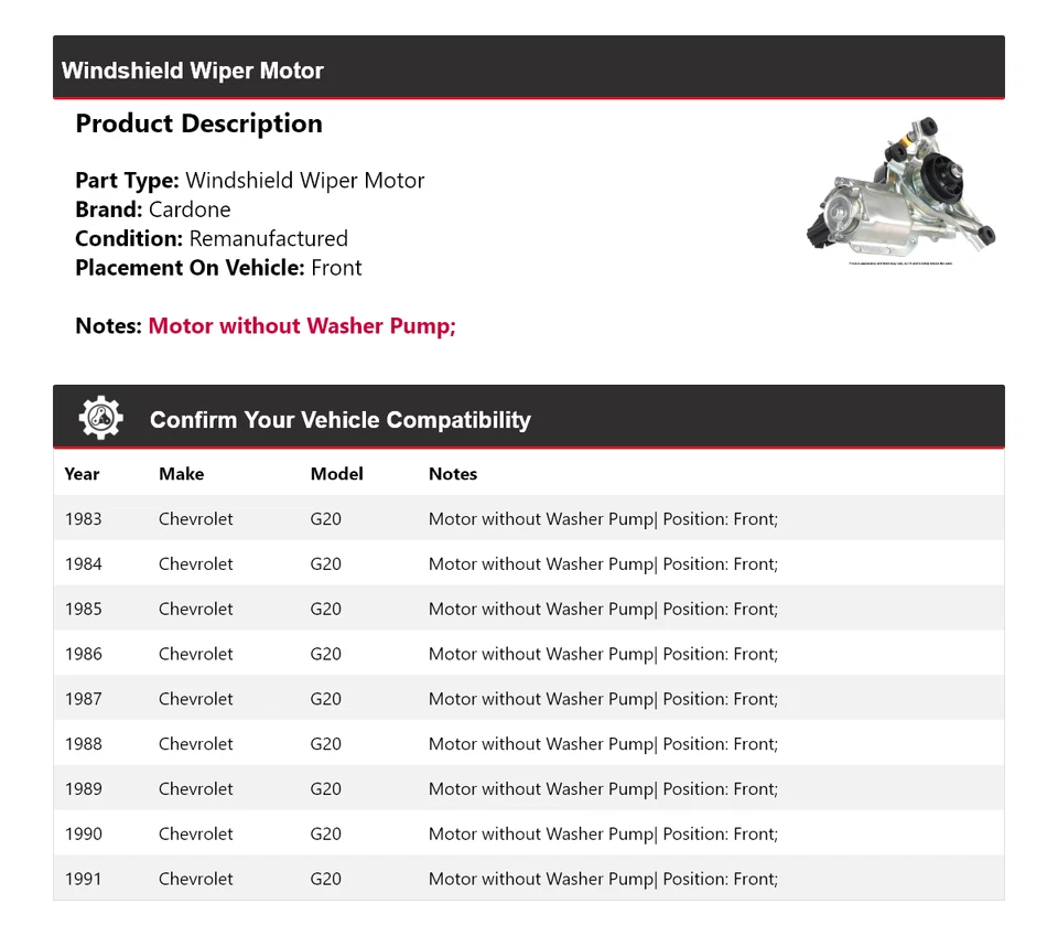 Двигатель стеклоочистителя переднего стекла Cardone для Chevrolet G20 1983-1991 годов выпуска 1984 1985 1986 годов выпуска - Изображение 2 из 4