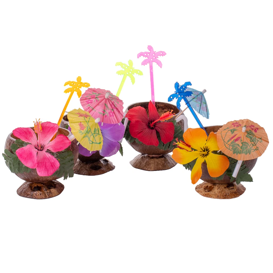 Luau 4 Pessoas Copo de Coco, Pick & Agitador 16 peças Pacote de Utensílios de Festa, Marrom Multi - Imagem 2 de 4