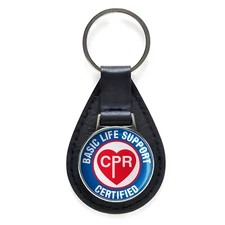Basic Life Support Certified CPR Sign Black Leather Keychain Silver Keyring