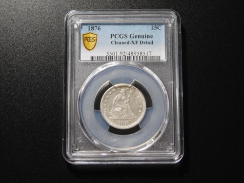 VINTAGE US COINS 1876 SEATED LIBERTY SILVER QUARTER PCGS GOLD SHIELD XF DETAIL