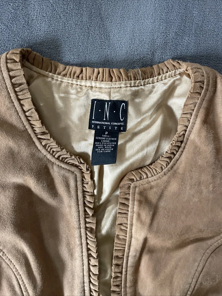 INC Tan Brown Suede Jacket Genuine Leather International Concepts P Petite - Image 2 of 4