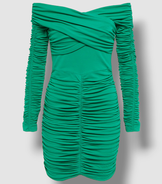 $525 Rebecca Vallance Women's Green Edie Off the Shoulder Ruched Mini Dress  Sz 8