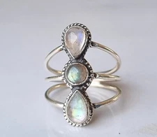 Moonstone 3 Gemstone 925 Sterling Silver Handmade Ring Gift For Him/Her PG2664