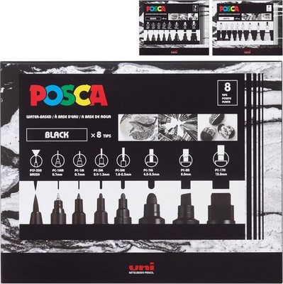 Uni Posca 8-Tip Acrylic Paint Marker Set, Black, Non-Toxic, ACMI Certified,