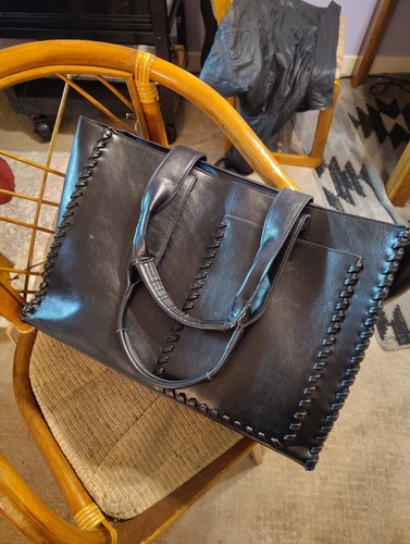Black Leather Tote Bag Whipstitch Shoulder Carryall