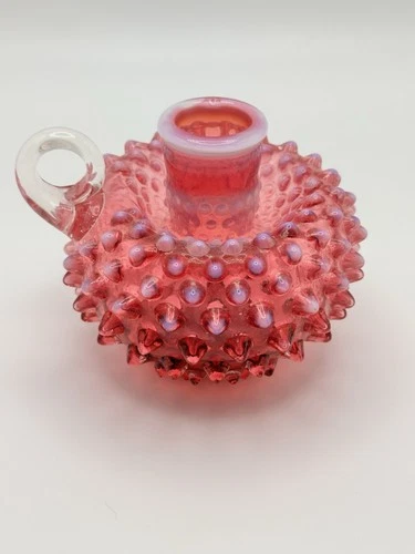 Fenton Glass Candle Holder Cranberry Opalescent Hobnail Vintage 1940-1970