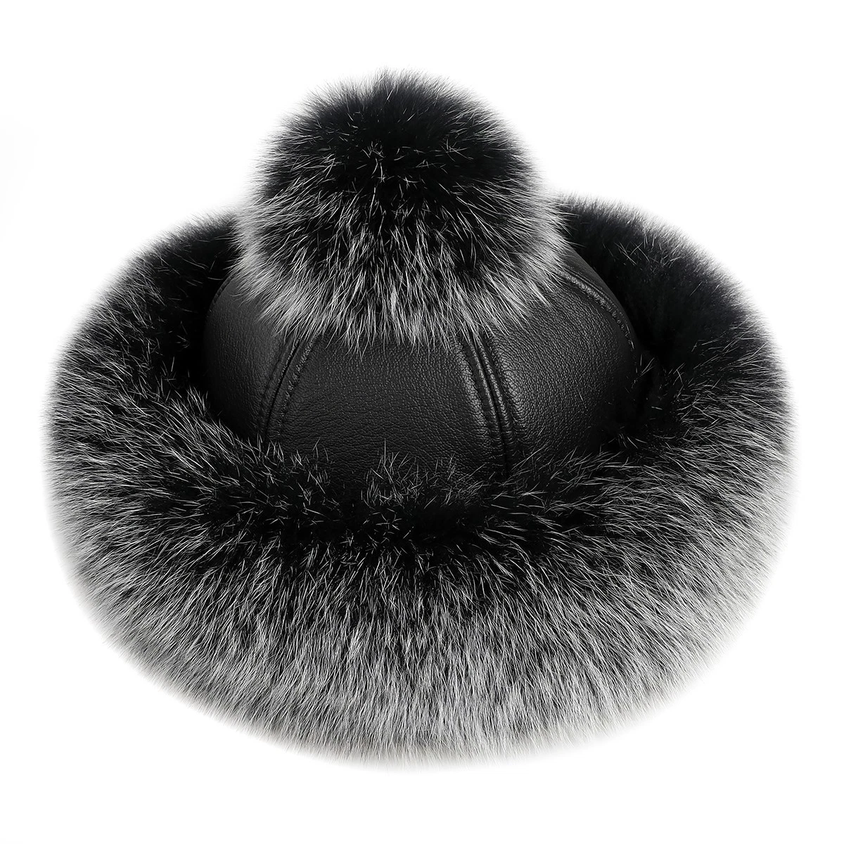 Women's Winter Sheepskin Leather Bucket Hat with Fox Fur Trim