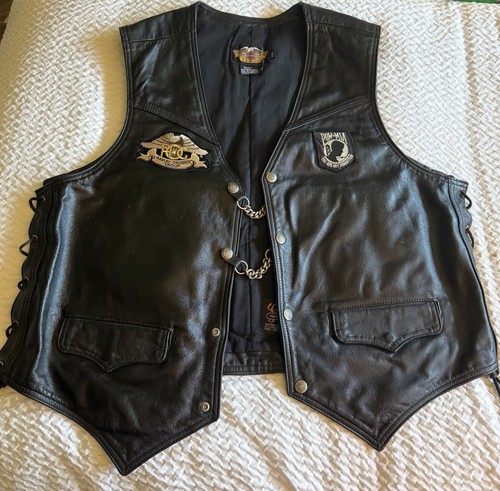 HARLEY DAVIDSON HOG Black  Leather Motorcycle XXL Vest w/Chains + Cinches USA