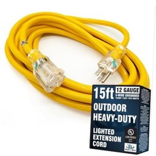 15 ft Outdoor Extension Cord - 12 Gauge Heavy Duty Extension Cord 15 Ft Yellow
