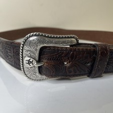 Ariat Mens Western Tooled Brown Leather detailed silver-tone buckle Belt Size 44