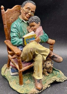 African American Black Dad Grandpa Reading Chair Books Sleeping Child Puppy Dog