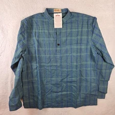 Fabindia Blue Green Plaid Long Sleeve Mandarin Collar Tunic Shirt Mens Size 38