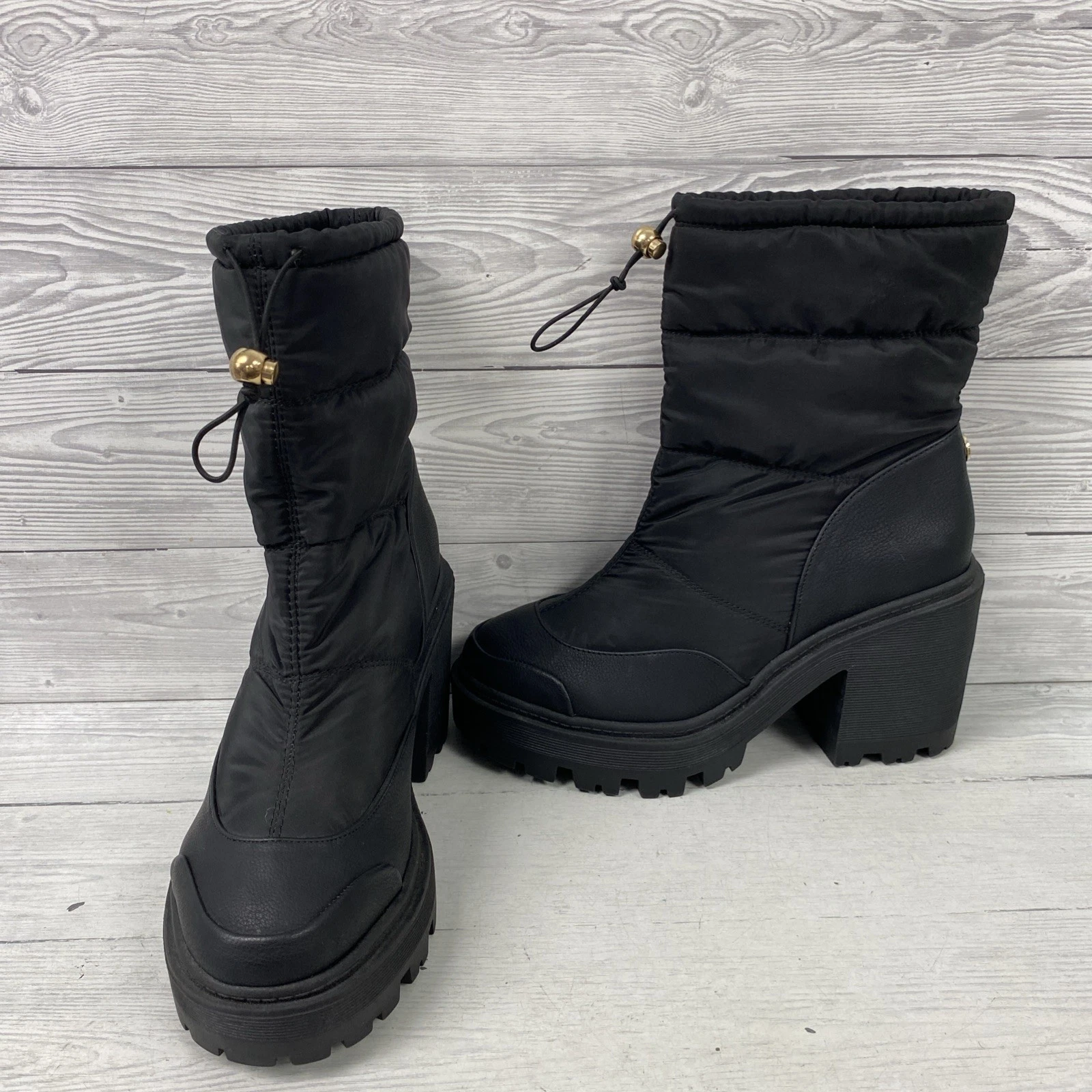 River Island Black Padded Heeled Snow Boots Tie Top Size 5 PC