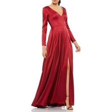 Mac Duggal Women's Wine Long Sleeve Satin Pleated Gown Dress Size 10