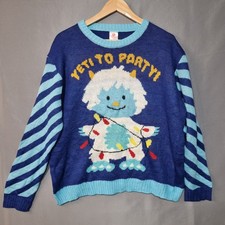 Unisex L Blue Oversized Christmas Jumper Yeti Graphic Stripe Long Sleeve