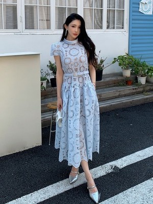 pale blue lace midi dress Self-Portrait Short Sleeve A-line Dress for Ladies UPC:UPCA Fully lined for comfort maxi dress for women Early 2000s Barbie Dress