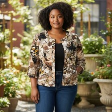 Coldwater Creek Size 14 Brown Tan Floral Full Zip Front Pockets Jacket Blazer