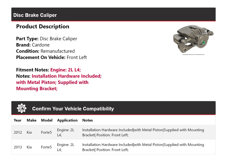 Pinza de freno de disco delantera izquierda cardone para Kia Forte5 2012-2013 2L L4 Foto 2 de 4