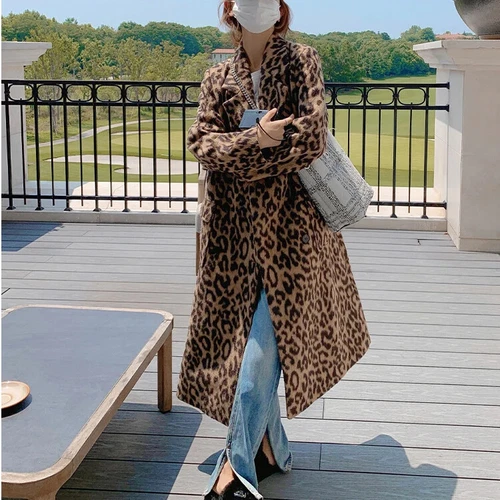 New Spring Women's Wool Coat with Leopard Print Loose Long Sleeved Fashion - Picture 15 of 24