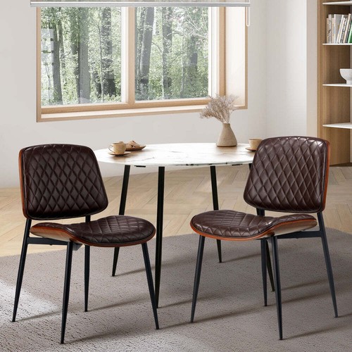 NNEED 2x Dining Chairs Leather Seat Metal Legs Walnut - Picture 4 of 8