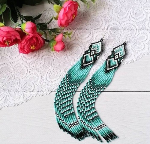 Tribal Earrings Native Large Boho American Seed Beads Handmade Multicolor