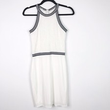 Boutique Small S Smocked White Dress Striped Trim Mini Halter Cinch Waist Summer