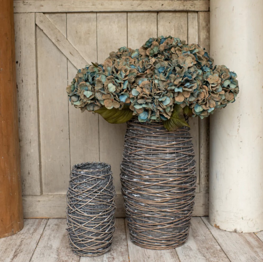 Vintage Rustic Teal Hydrangea Stems Set of 2 Large 27 Inch Blooms  