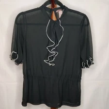 H&M women's 6 top black high neck ruffle short sleeve with ruffles elastic waist