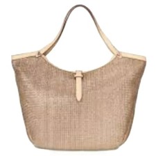 Stella Dot Tote Handbag Riviera Metallic Blush Straw Leather Double Handles Euc