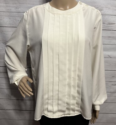 Vintage Rena Rowan for Saville Blouse Women's Size 12 Ivory Pleated Front Shirt